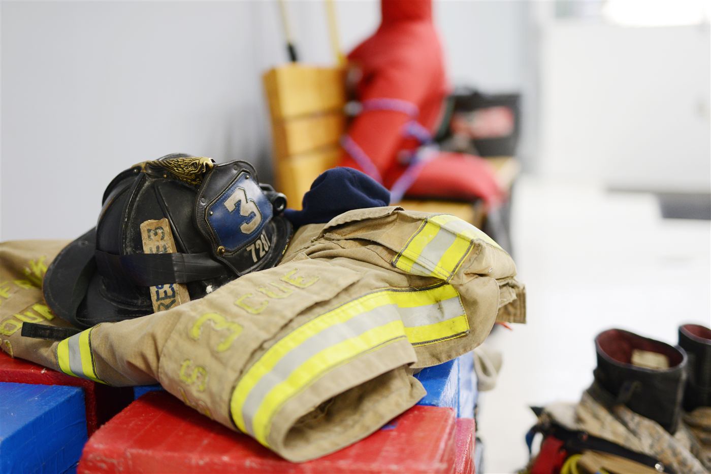 Turnout gear, staged for job simulation